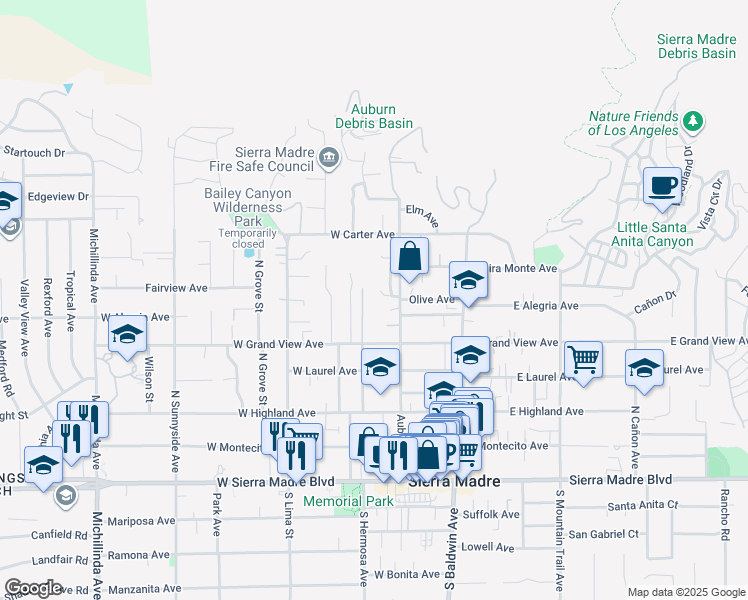 map of restaurants, bars, coffee shops, grocery stores, and more near 370 Olive Tree Lane in Sierra Madre