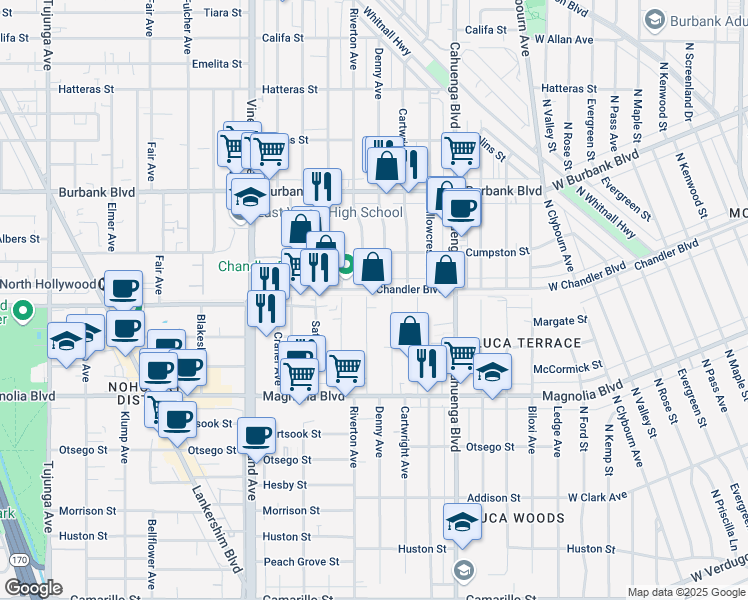 map of restaurants, bars, coffee shops, grocery stores, and more near 5356 Riverton Avenue in Los Angeles