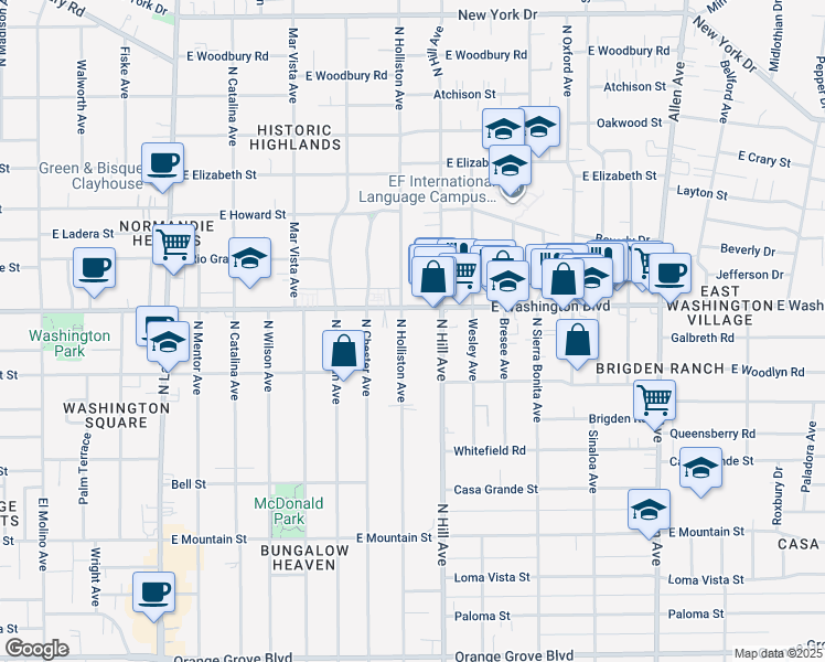 map of restaurants, bars, coffee shops, grocery stores, and more near 1300 North Holliston Avenue in Pasadena