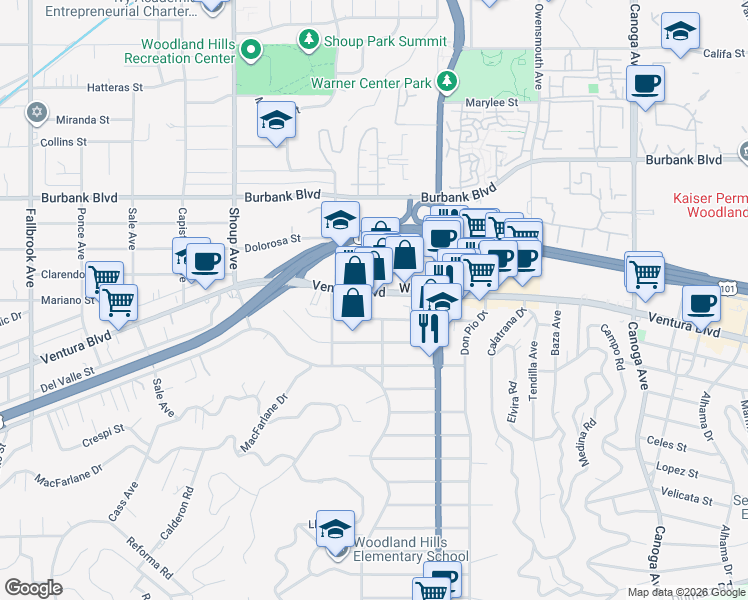 map of restaurants, bars, coffee shops, grocery stores, and more near 22055 Ventura Boulevard in Los Angeles
