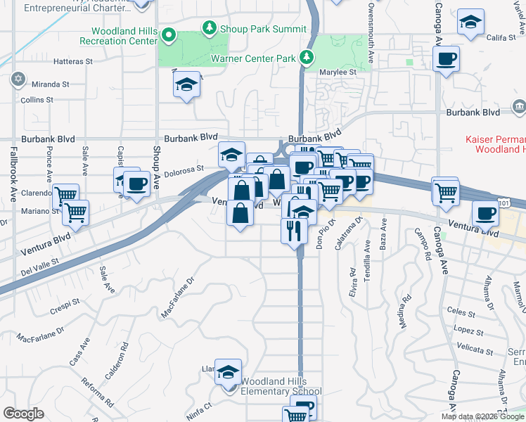 map of restaurants, bars, coffee shops, grocery stores, and more near 22062 Ventura Boulevard in Los Angeles