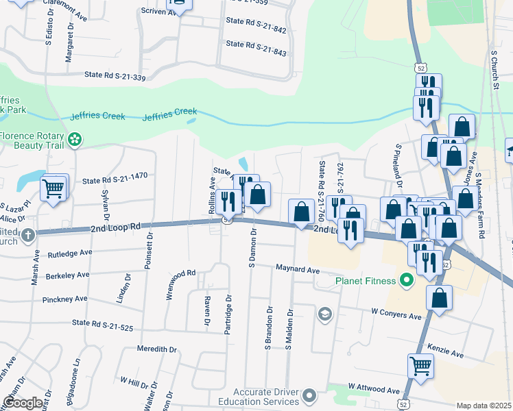 map of restaurants, bars, coffee shops, grocery stores, and more near 1338 South Damon Drive in Florence