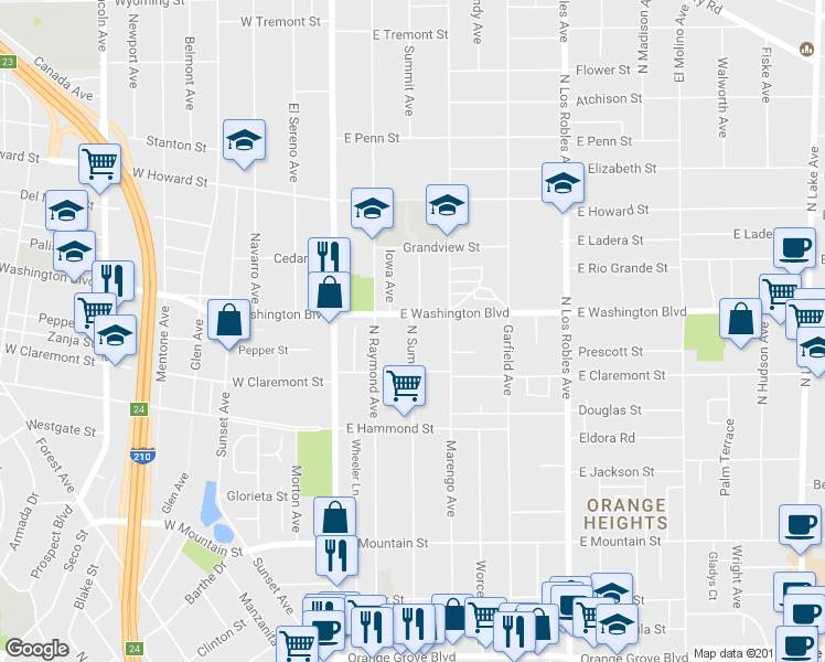 map of restaurants, bars, coffee shops, grocery stores, and more near 1304 North Summit Avenue in Pasadena