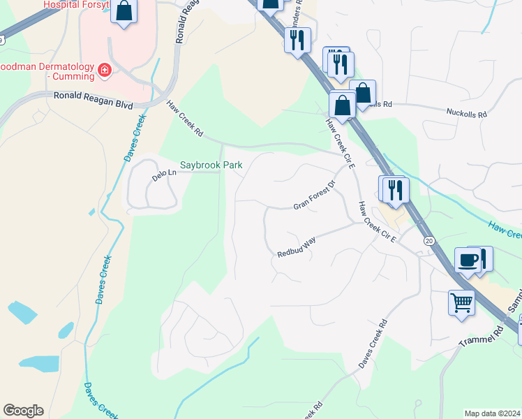 map of restaurants, bars, coffee shops, grocery stores, and more near 1525 Gran Forest Drive in Cumming