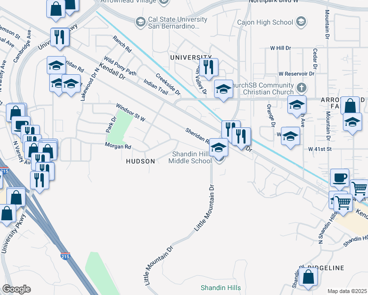 map of restaurants, bars, coffee shops, grocery stores, and more near 1439 Morgan Road in San Bernardino