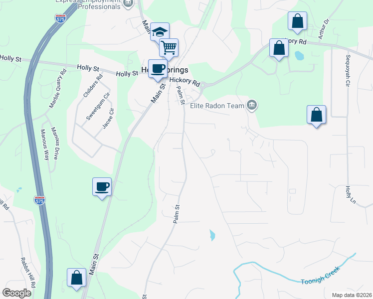 map of restaurants, bars, coffee shops, grocery stores, and more near 477 Palm St in Holly Springs