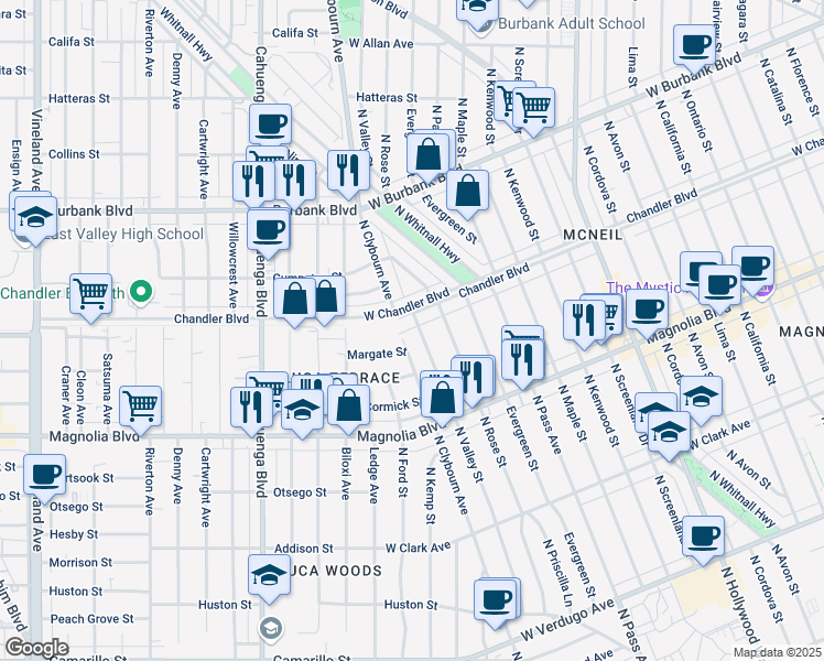 map of restaurants, bars, coffee shops, grocery stores, and more near 1135 North Valley Street in Burbank
