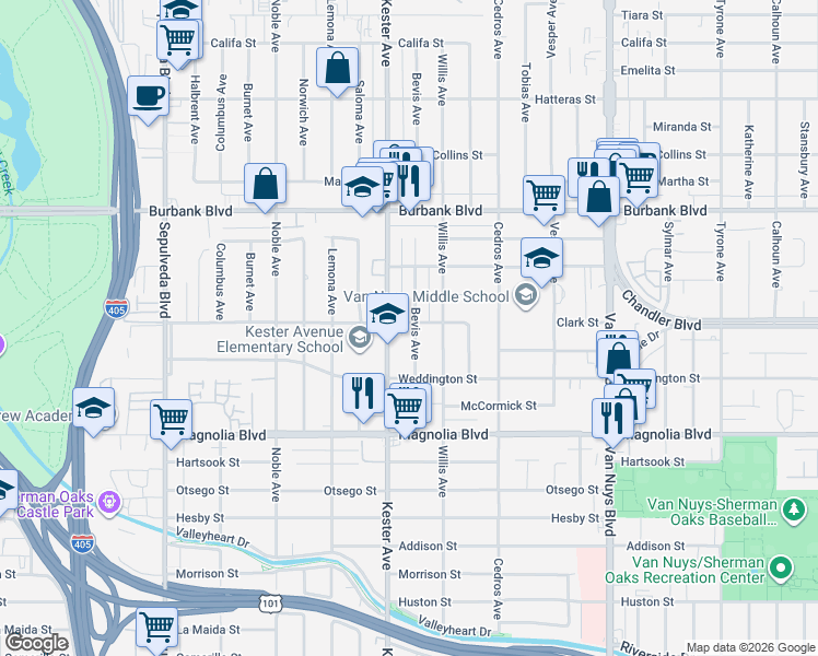 map of restaurants, bars, coffee shops, grocery stores, and more near 5357 Bevis Avenue in Los Angeles