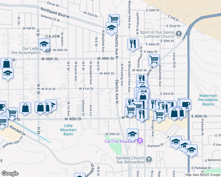 map of restaurants, bars, coffee shops, grocery stores, and more near West 44th Street in San Bernardino
