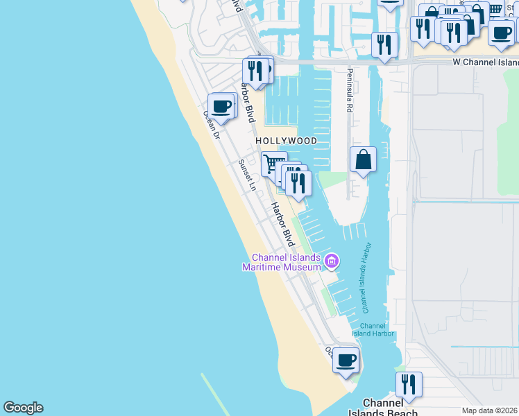 map of restaurants, bars, coffee shops, grocery stores, and more near 3520 Sunset Lane in Oxnard