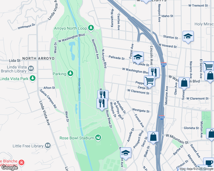 map of restaurants, bars, coffee shops, grocery stores, and more near 1240 North Arroyo Boulevard in Pasadena