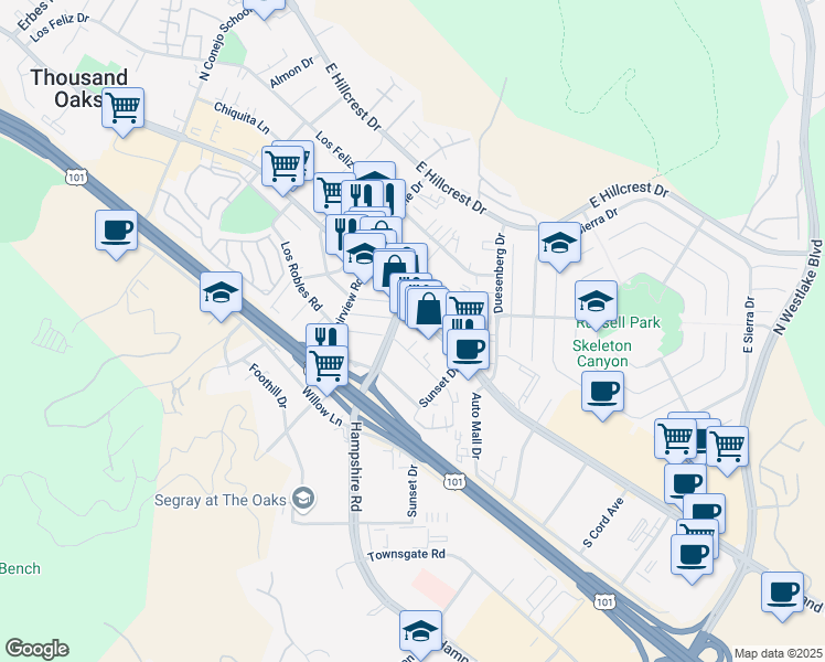 map of restaurants, bars, coffee shops, grocery stores, and more near 3184 Thousand Oaks Boulevard in Thousand Oaks