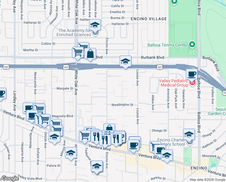 map of restaurants, bars, coffee shops, grocery stores, and more near 5334 Encino Avenue in Los Angeles