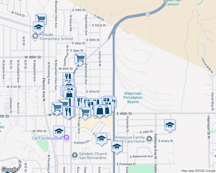 map of restaurants, bars, coffee shops, grocery stores, and more near 291 East 44th Street in San Bernardino