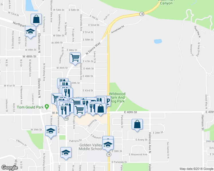 map of restaurants, bars, coffee shops, grocery stores, and more near 291 East 44th Street in San Bernardino