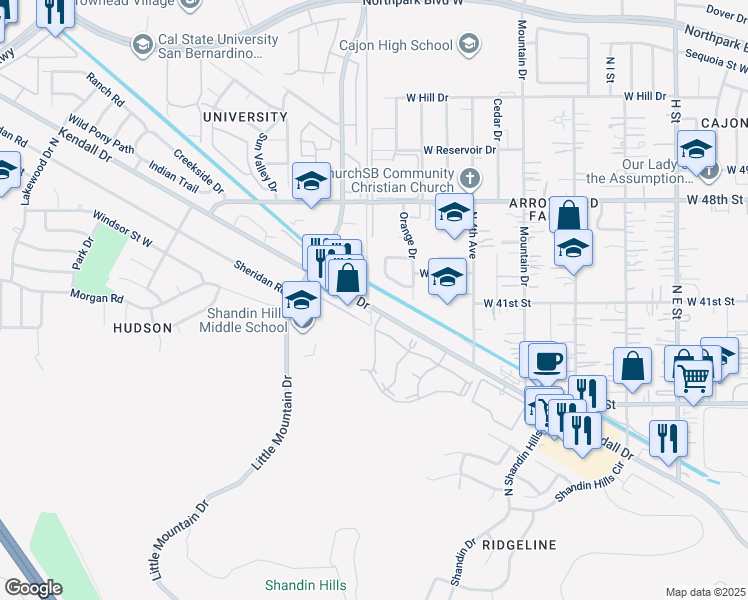 map of restaurants, bars, coffee shops, grocery stores, and more near Kendall Drive in DEVORE HGHTS