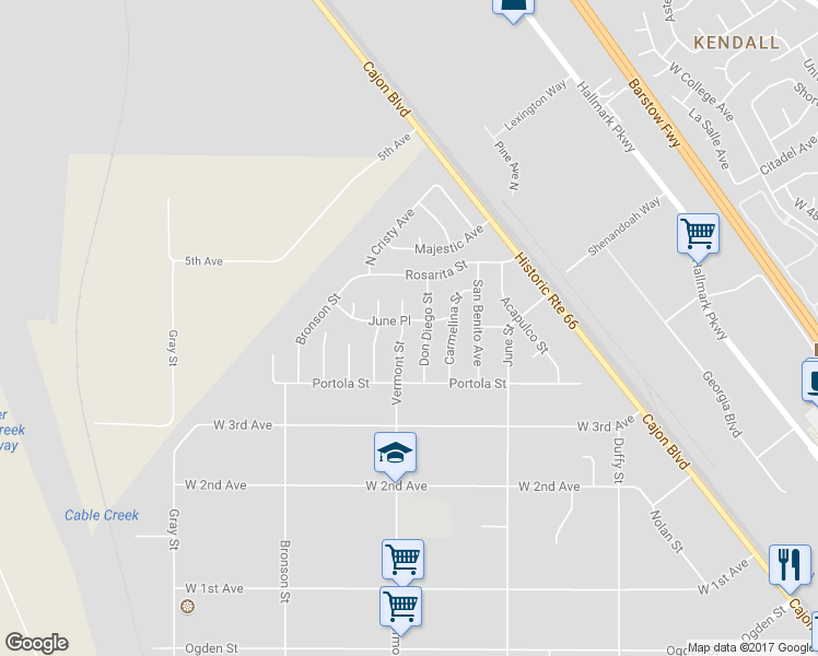 map of restaurants, bars, coffee shops, grocery stores, and more near 2795 June Place in San Bernardino