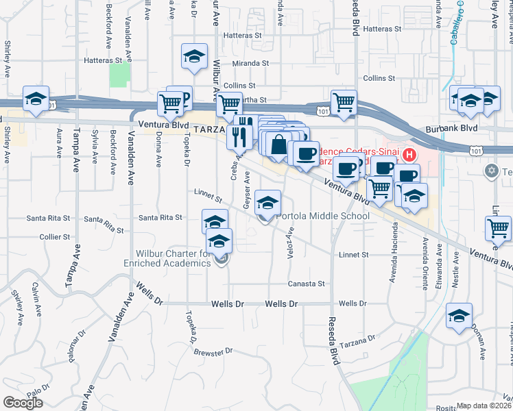 map of restaurants, bars, coffee shops, grocery stores, and more near 5360 Rhea Avenue in Los Angeles