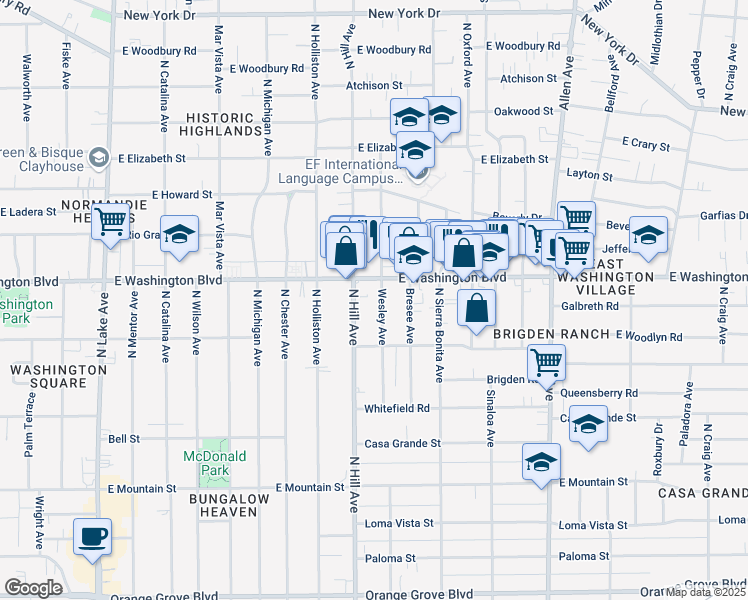 map of restaurants, bars, coffee shops, grocery stores, and more near 1291 Wesley Avenue in Pasadena