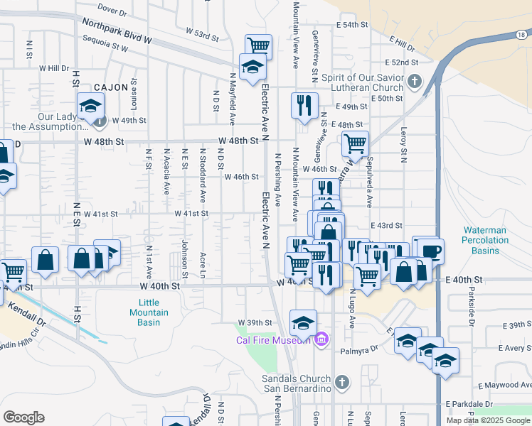map of restaurants, bars, coffee shops, grocery stores, and more near Electric Avenue North & West 44th Street in San Bernardino