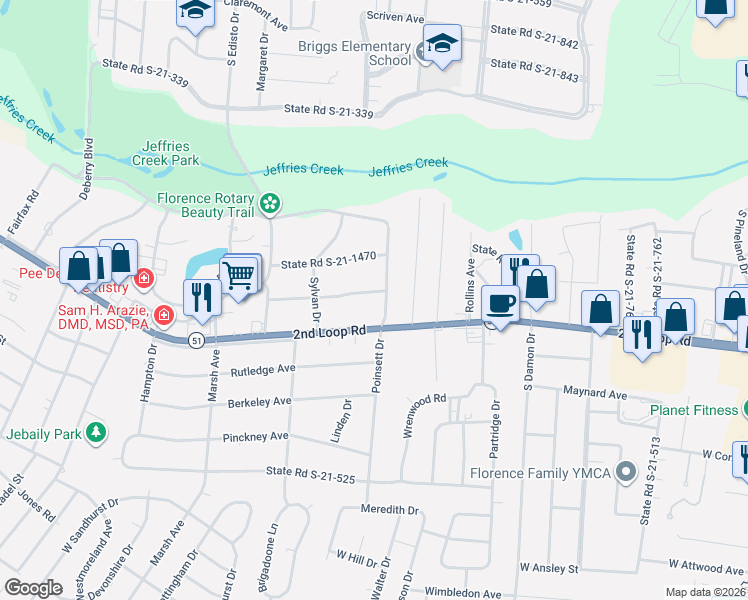 map of restaurants, bars, coffee shops, grocery stores, and more near 1100 State Road S-21-1471 in Florence