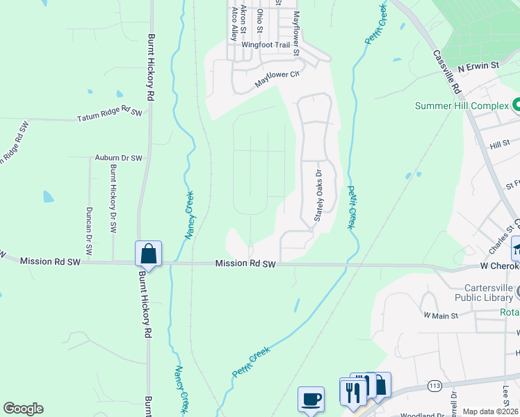 map of restaurants, bars, coffee shops, grocery stores, and more near 480 Mission Road Southwest in Cartersville