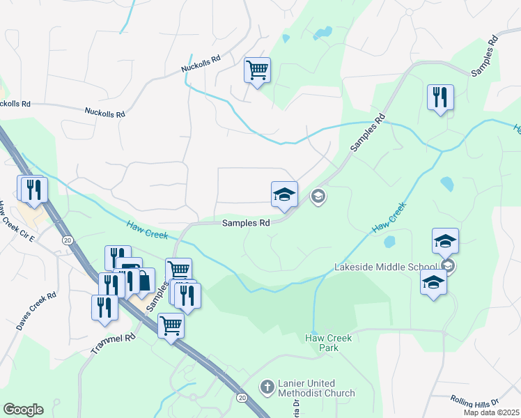 map of restaurants, bars, coffee shops, grocery stores, and more near 4160 Creekwood Drive in Cumming