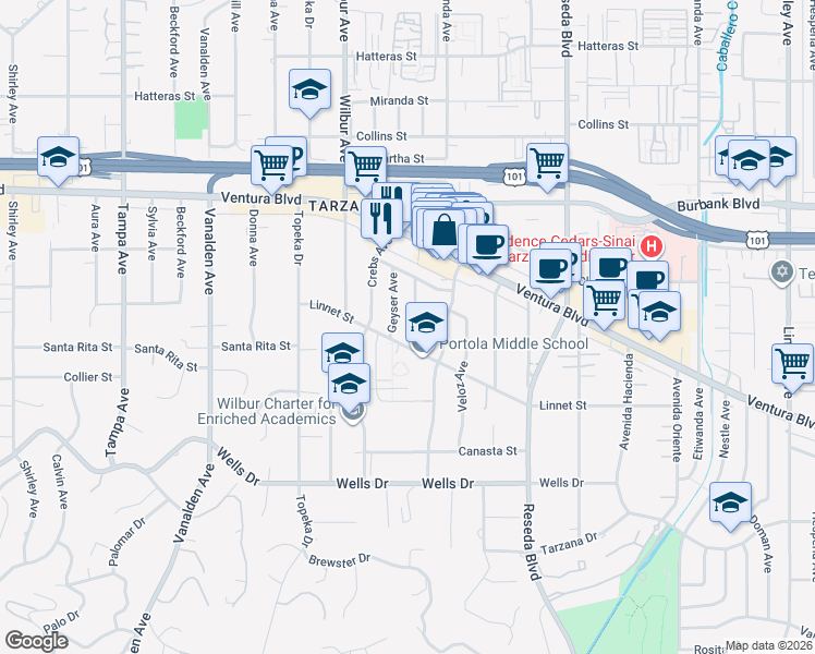 map of restaurants, bars, coffee shops, grocery stores, and more near 5360 Rhea Avenue in Los Angeles
