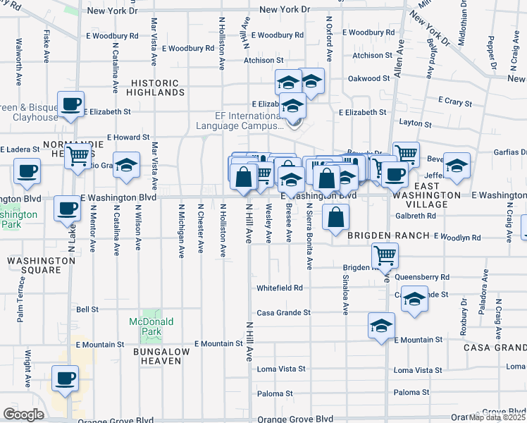 map of restaurants, bars, coffee shops, grocery stores, and more near 1291 Wesley Avenue in Pasadena