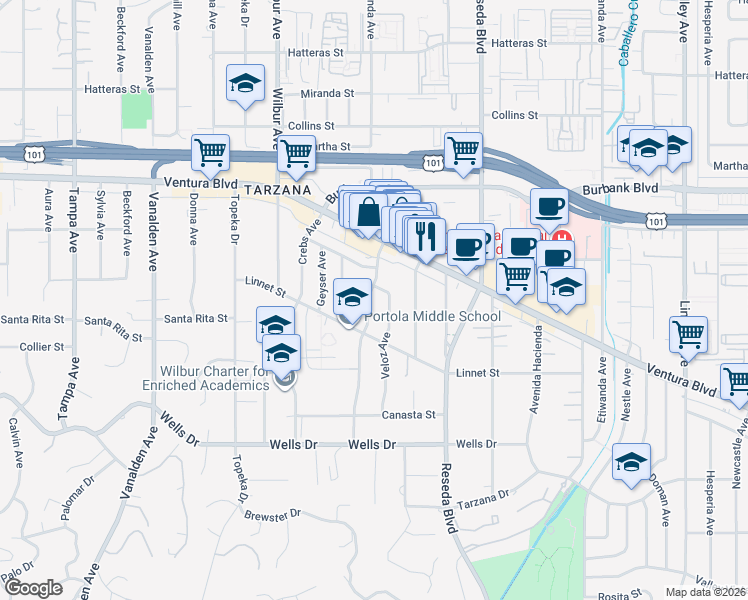 map of restaurants, bars, coffee shops, grocery stores, and more near 5362 Yolanda Avenue in Los Angeles