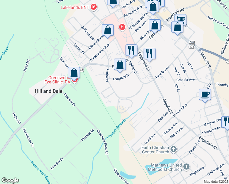 map of restaurants, bars, coffee shops, grocery stores, and more near 1493 Parkway in Greenwood