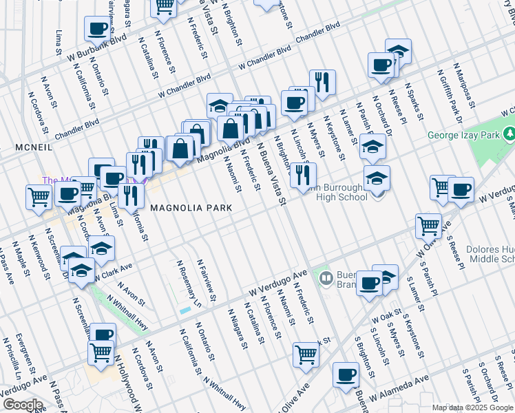 map of restaurants, bars, coffee shops, grocery stores, and more near 2609 West Clark Avenue in Burbank