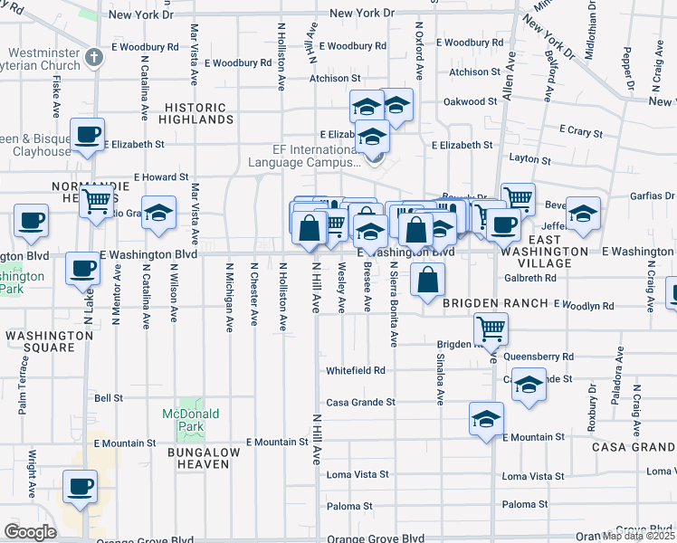 map of restaurants, bars, coffee shops, grocery stores, and more near 1299 Wesley Avenue in Pasadena