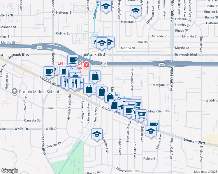 map of restaurants, bars, coffee shops, grocery stores, and more near 5405 Lindley Ave in Tarzana