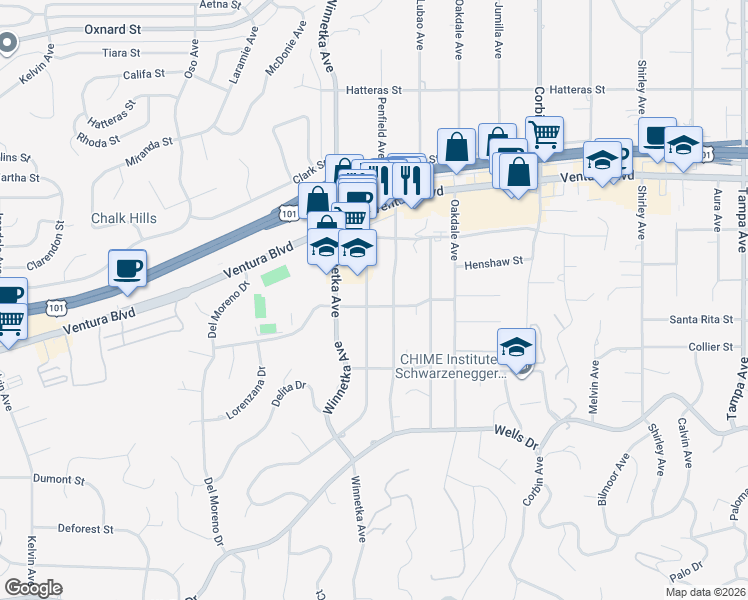 map of restaurants, bars, coffee shops, grocery stores, and more near 5404 Quakertown Avenue in Los Angeles