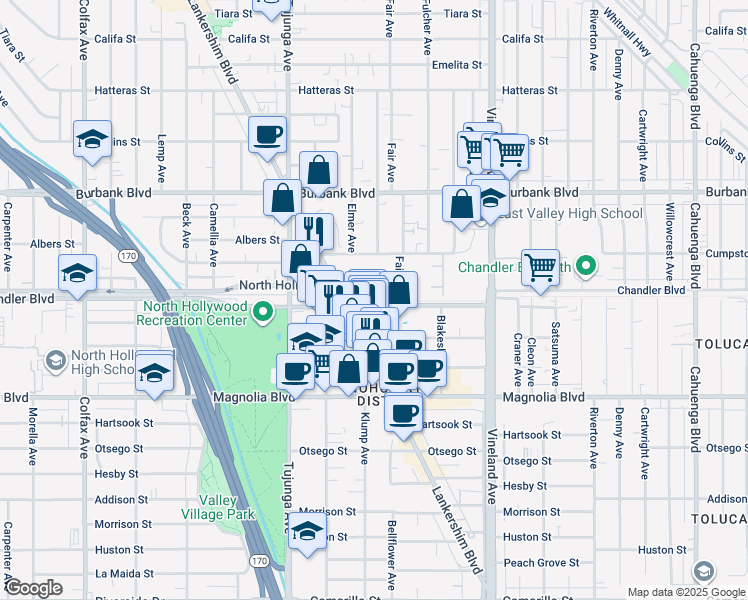 map of restaurants, bars, coffee shops, grocery stores, and more near 11223 Chandler Blvd in Los Angeles