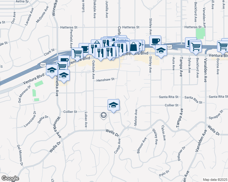 map of restaurants, bars, coffee shops, grocery stores, and more near 5353 Corbin Avenue in Los Angeles