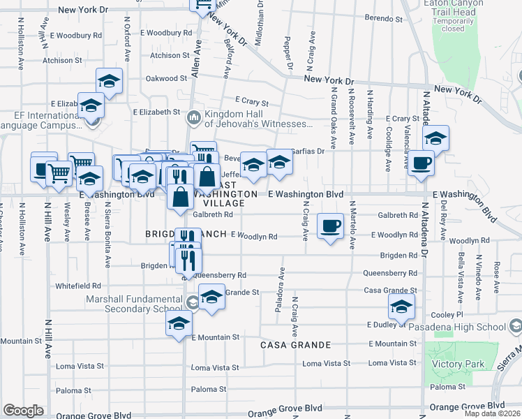 map of restaurants, bars, coffee shops, grocery stores, and more near 2039 Galbreth Road in Pasadena