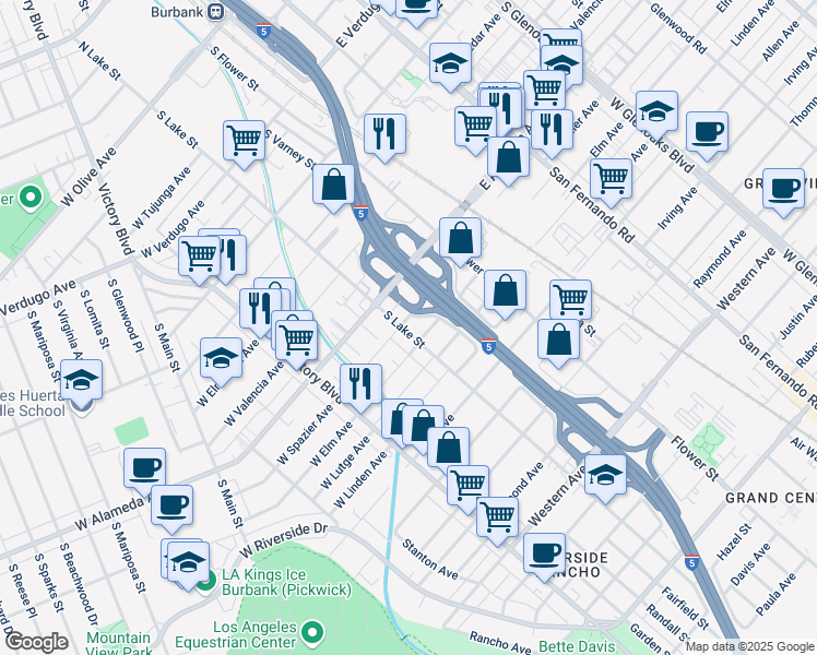map of restaurants, bars, coffee shops, grocery stores, and more near 169 West Elm Court in Burbank