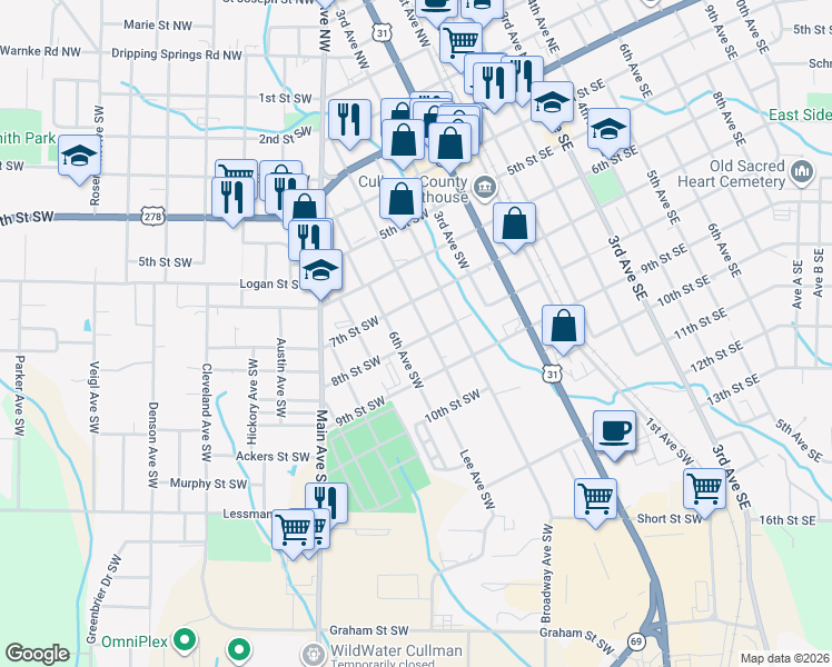 map of restaurants, bars, coffee shops, grocery stores, and more near 711 5th Ave SW in Cullman
