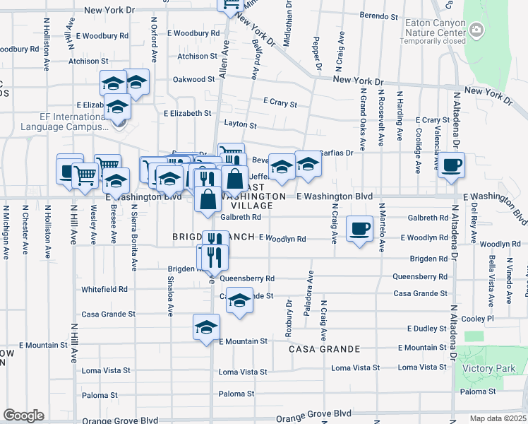 map of restaurants, bars, coffee shops, grocery stores, and more near 1965 Galbreth Road in Pasadena