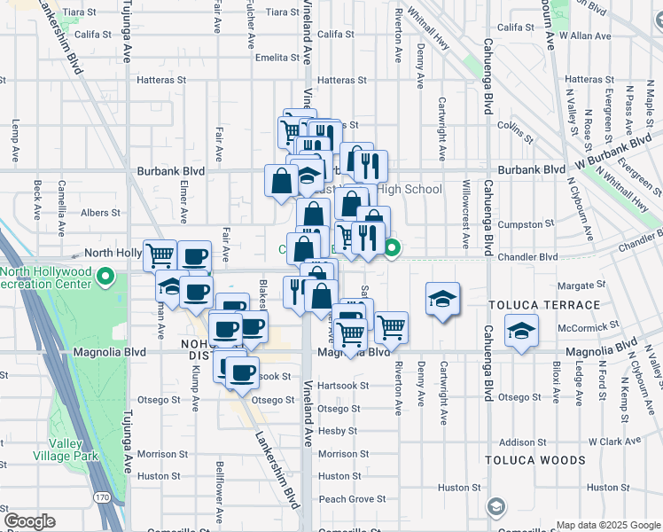 map of restaurants, bars, coffee shops, grocery stores, and more near Craner Avenue in Los Angeles