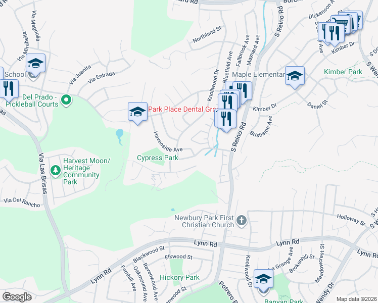 map of restaurants, bars, coffee shops, grocery stores, and more near 539 Havenside Avenue in Thousand Oaks