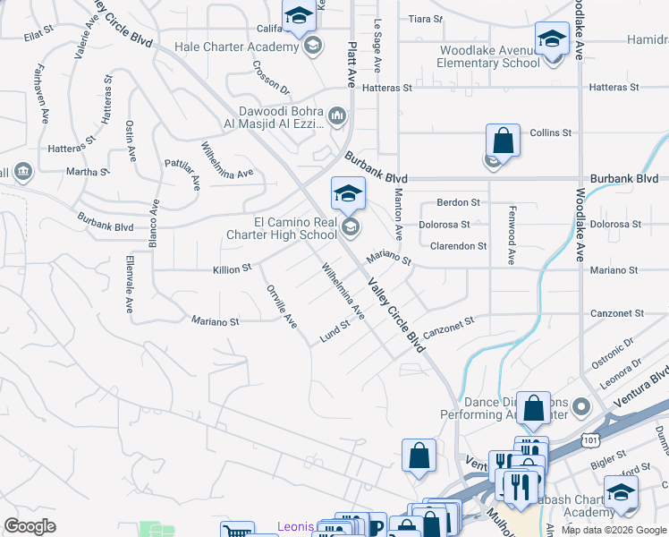 map of restaurants, bars, coffee shops, grocery stores, and more near 23720 Clarendon Street in Los Angeles