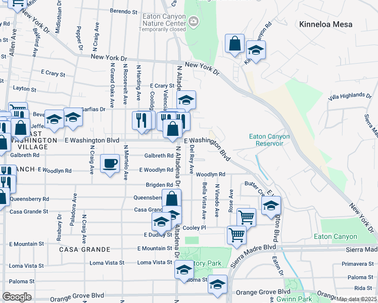 map of restaurants, bars, coffee shops, grocery stores, and more near 1302 North Altadena Drive in Pasadena