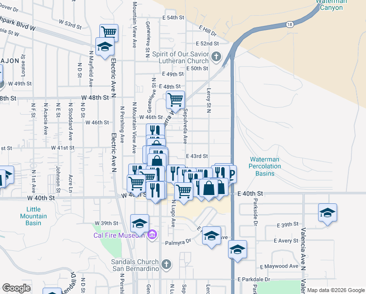 map of restaurants, bars, coffee shops, grocery stores, and more near 4378 Sepulveda Avenue in San Bernardino