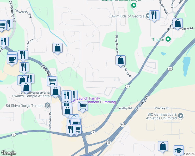 map of restaurants, bars, coffee shops, grocery stores, and more near 2435 Gatewater Court in Cumming