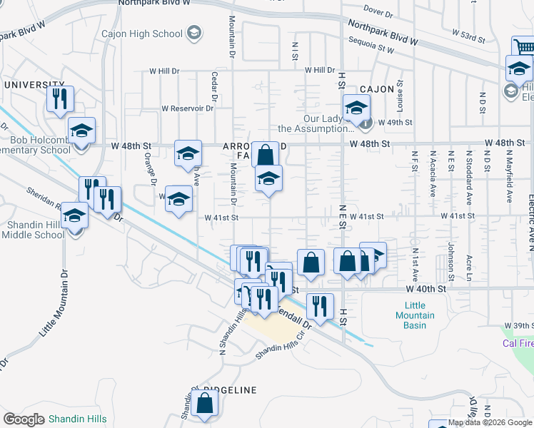 map of restaurants, bars, coffee shops, grocery stores, and more near 4108 North 3rd Avenue in San Bernardino County