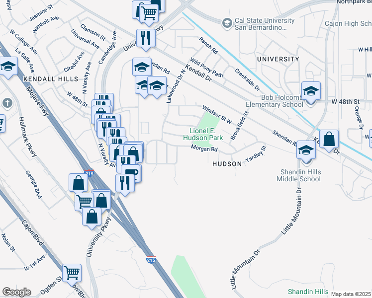 map of restaurants, bars, coffee shops, grocery stores, and more near 1583 Morgan Road in San Bernardino