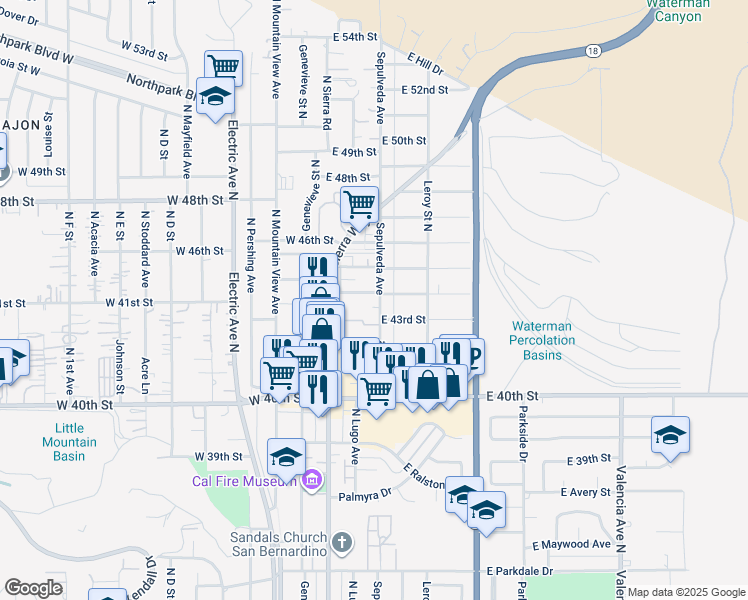 map of restaurants, bars, coffee shops, grocery stores, and more near 4378 Sepulveda Avenue in San Bernardino